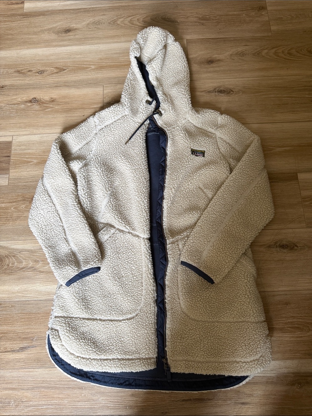 L.L. Bean Cream Sherpa Hooded Coat with Navy Trim